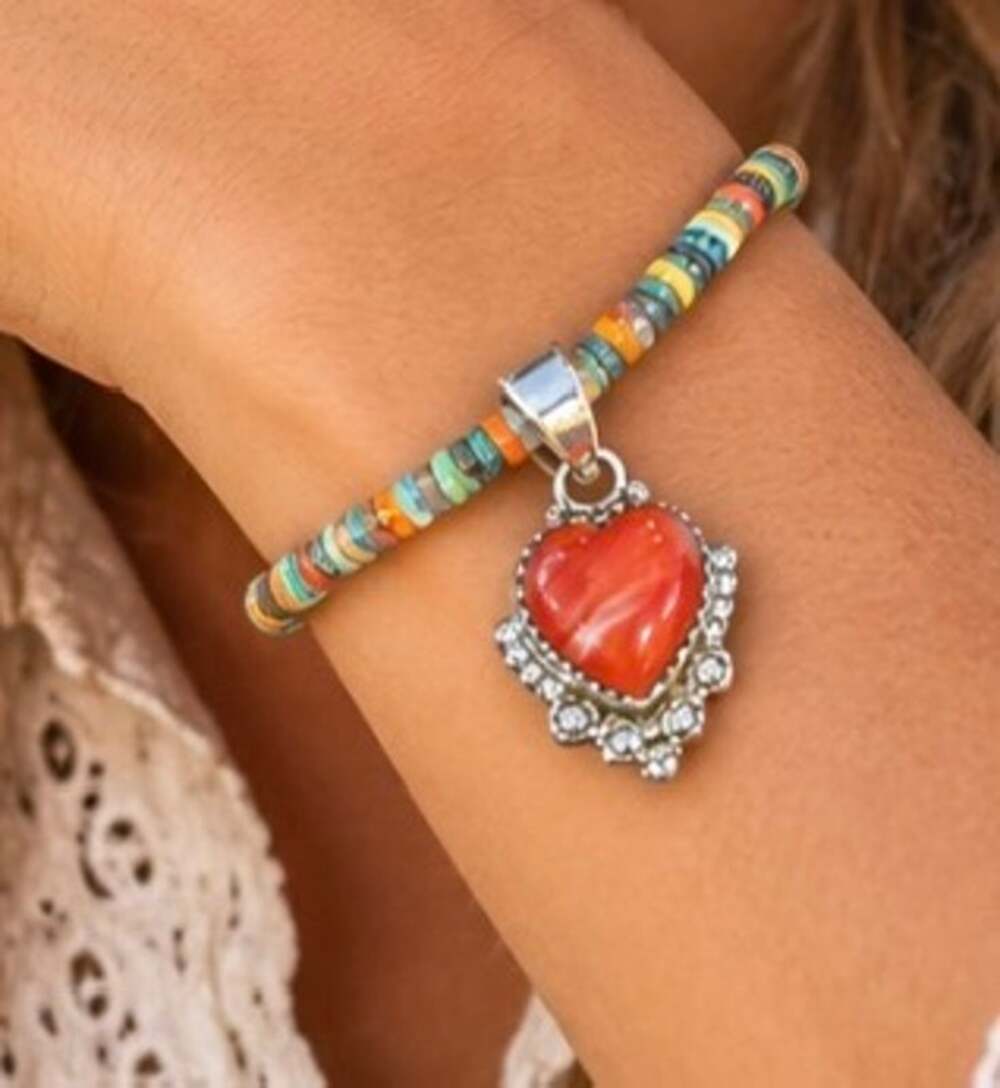 Red Spiny Heart Pendant on Colorful Turquoise Heishi 7" Bracelet